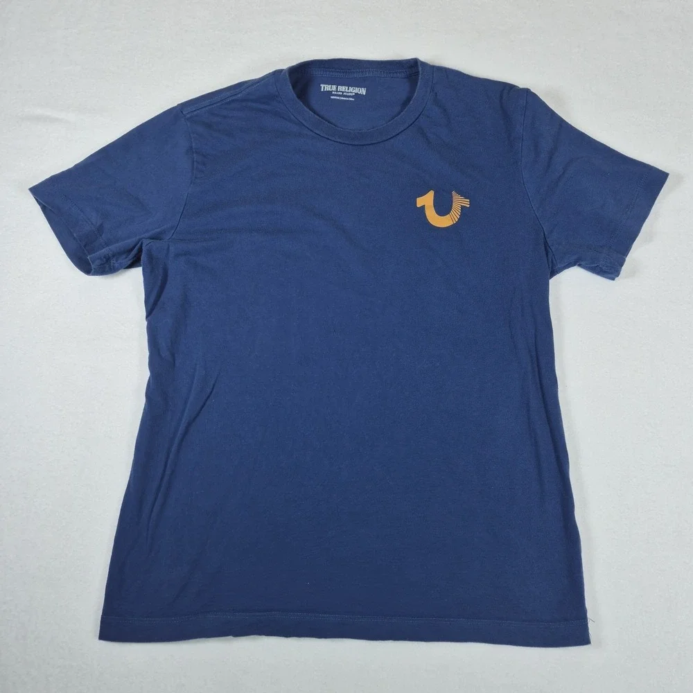 True Religion Brand Jeans T Shirt Men's Medium Blue Orange Buddha Graphic Tee